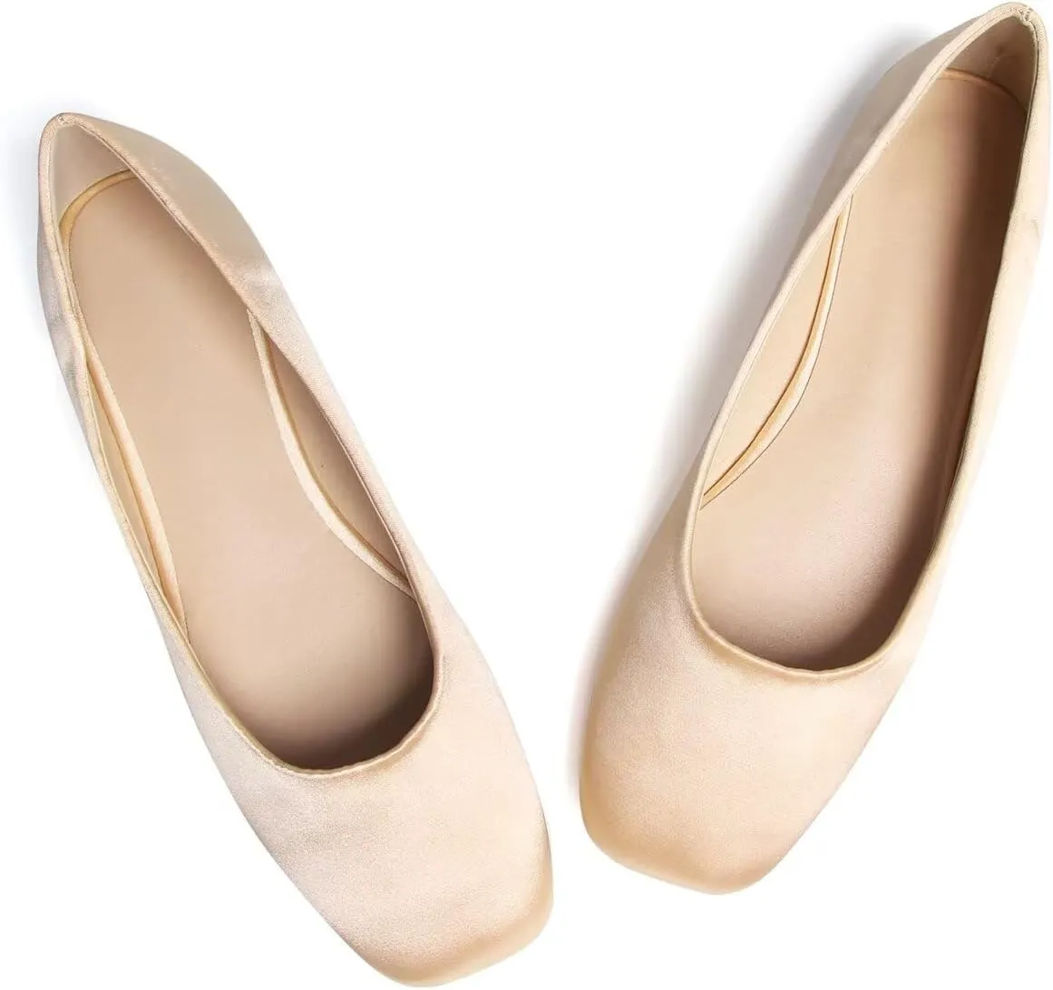 Hee grand Women's Flats Square Toe Ballet Shoes Casual Flats Satin Dress Shoes Comfort Slip-On Loafers