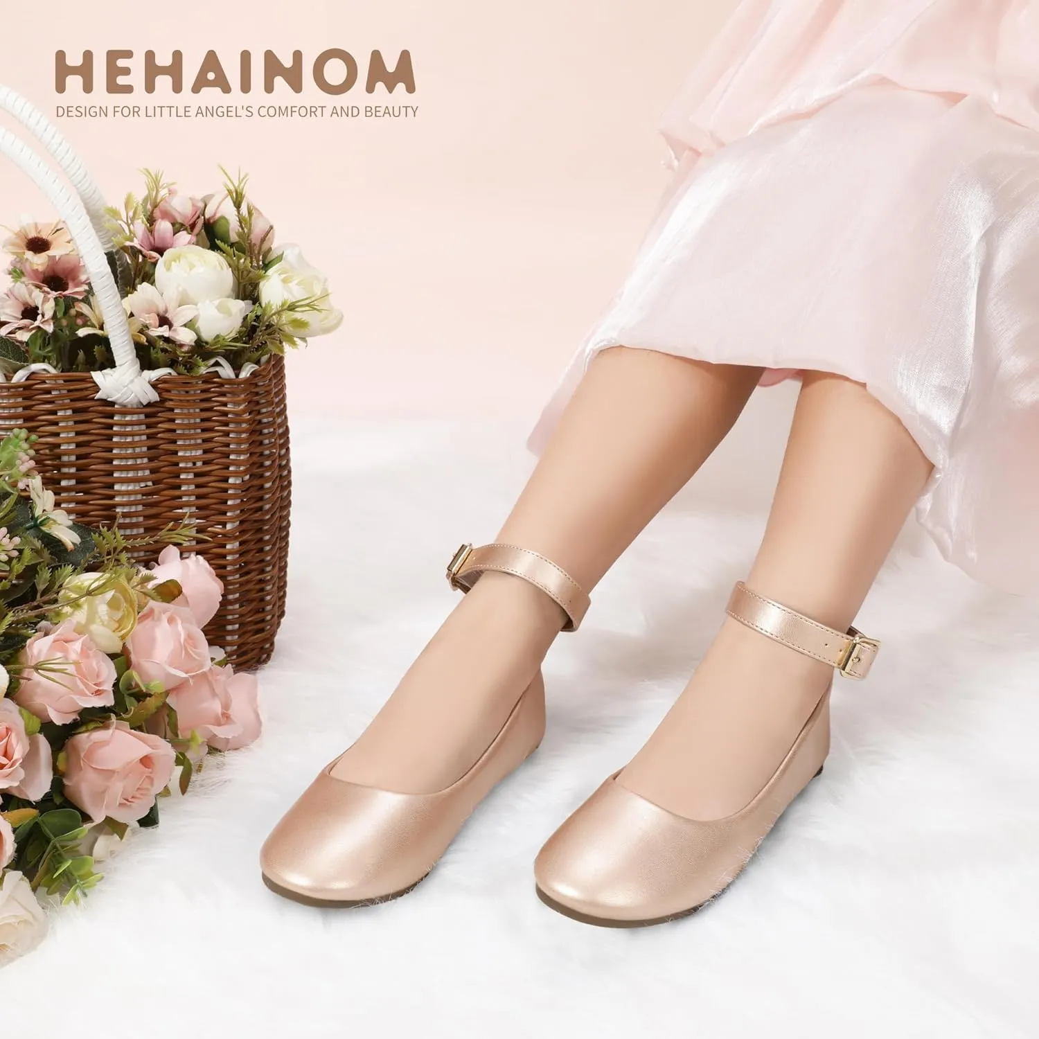 Hehainom Girls Dress Shoes Wedding Party School Ankle Strap Ballet Flats Shoes Little Big Kids Flower Girl Shoes