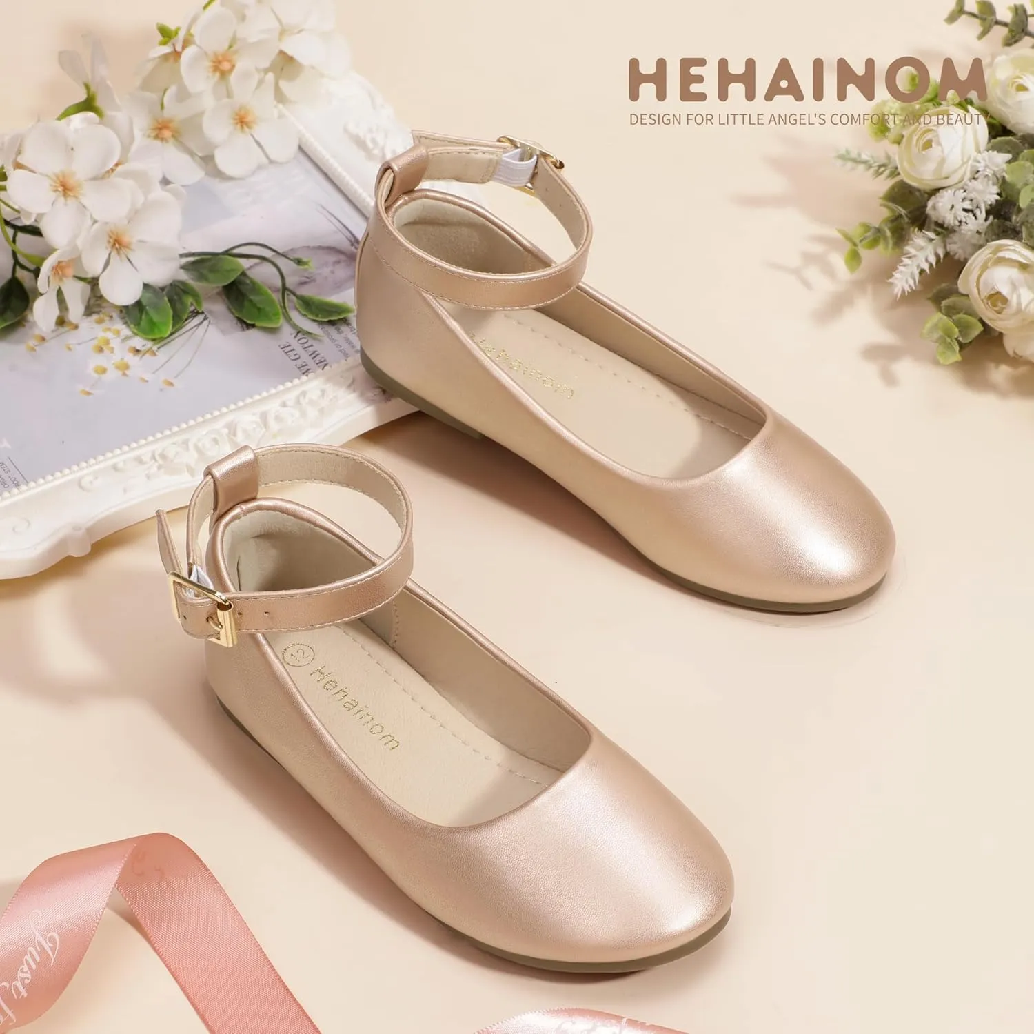 Hehainom Girls Dress Shoes Wedding Party School Ankle Strap Ballet Flats Shoes Little Big Kids Flower Girl Shoes