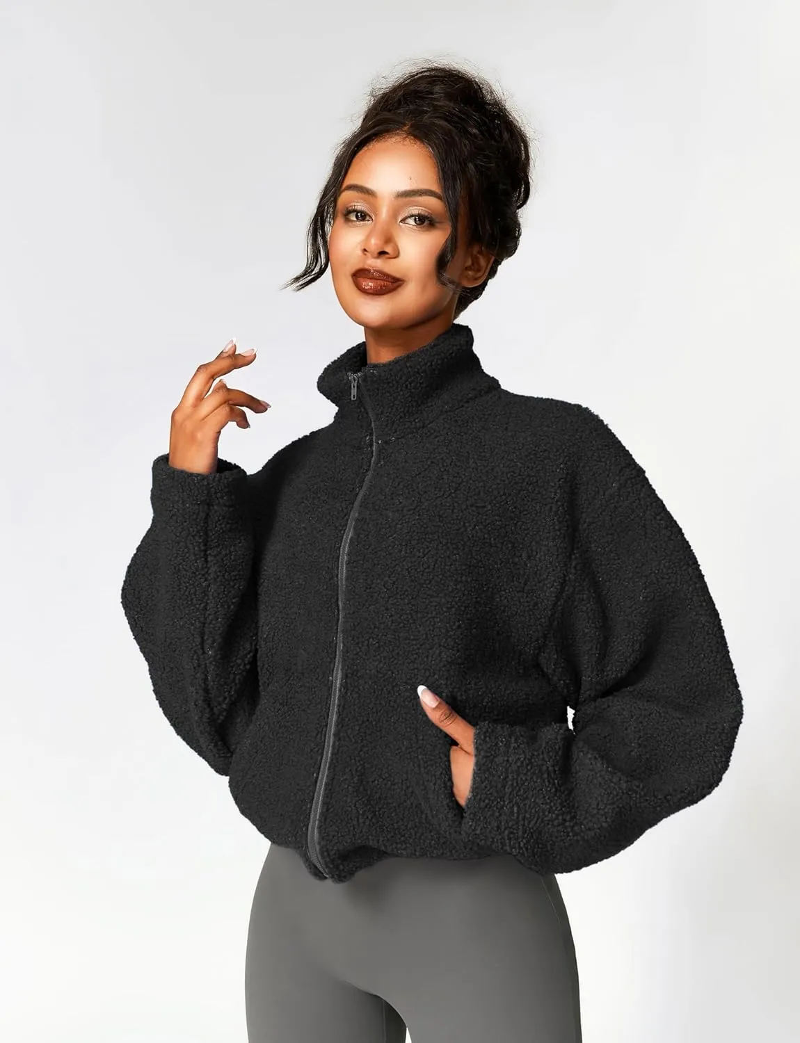 HerGymClothing Womens Sherpa Cropped Jacket Stand Collar Full Zip Long Sleeve Short Fleece Coat With Pockets