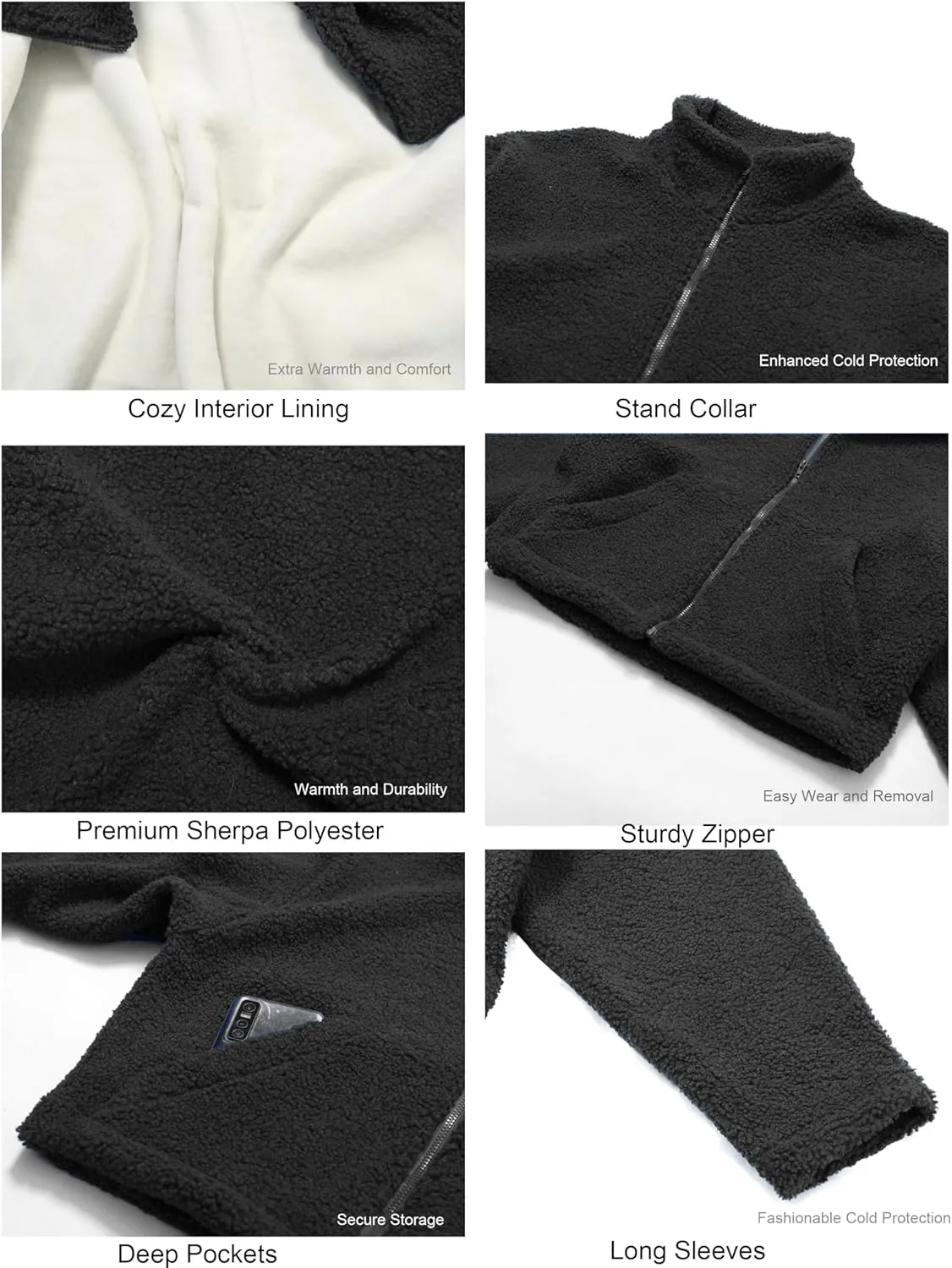 HerGymClothing Womens Sherpa Cropped Jacket Stand Collar Full Zip Long Sleeve Short Fleece Coat With Pockets