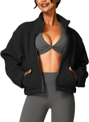 HerGymClothing Womens Sherpa Cropped Jacket Stand Collar Full Zip Long Sleeve Short Fleece Coat With Pockets