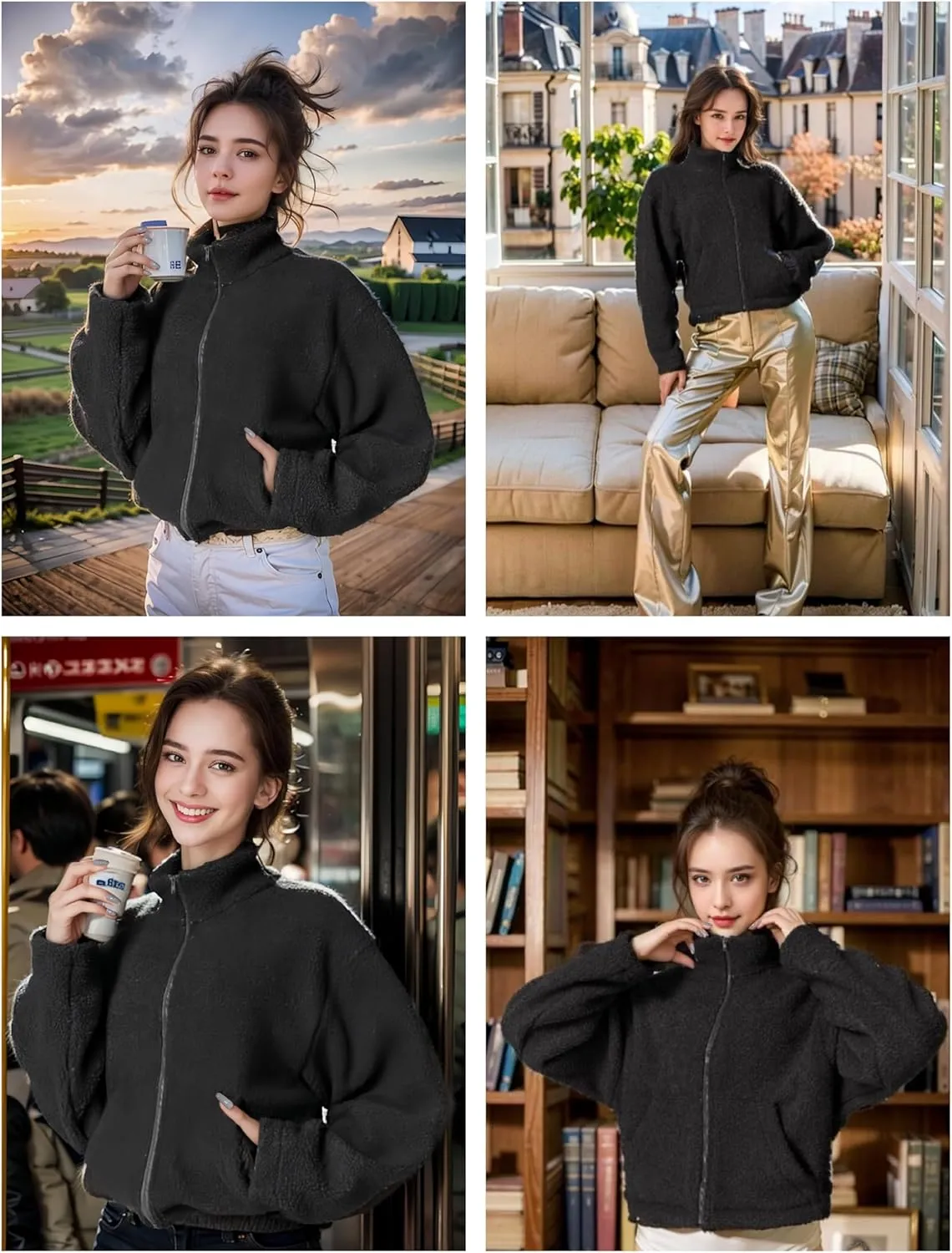 HerGymClothing Womens Sherpa Cropped Jacket Stand Collar Full Zip Long Sleeve Short Fleece Coat With Pockets