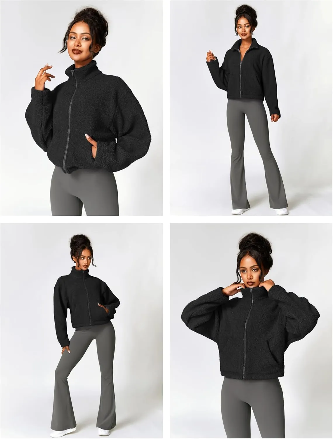 HerGymClothing Womens Sherpa Cropped Jacket Stand Collar Full Zip Long Sleeve Short Fleece Coat With Pockets