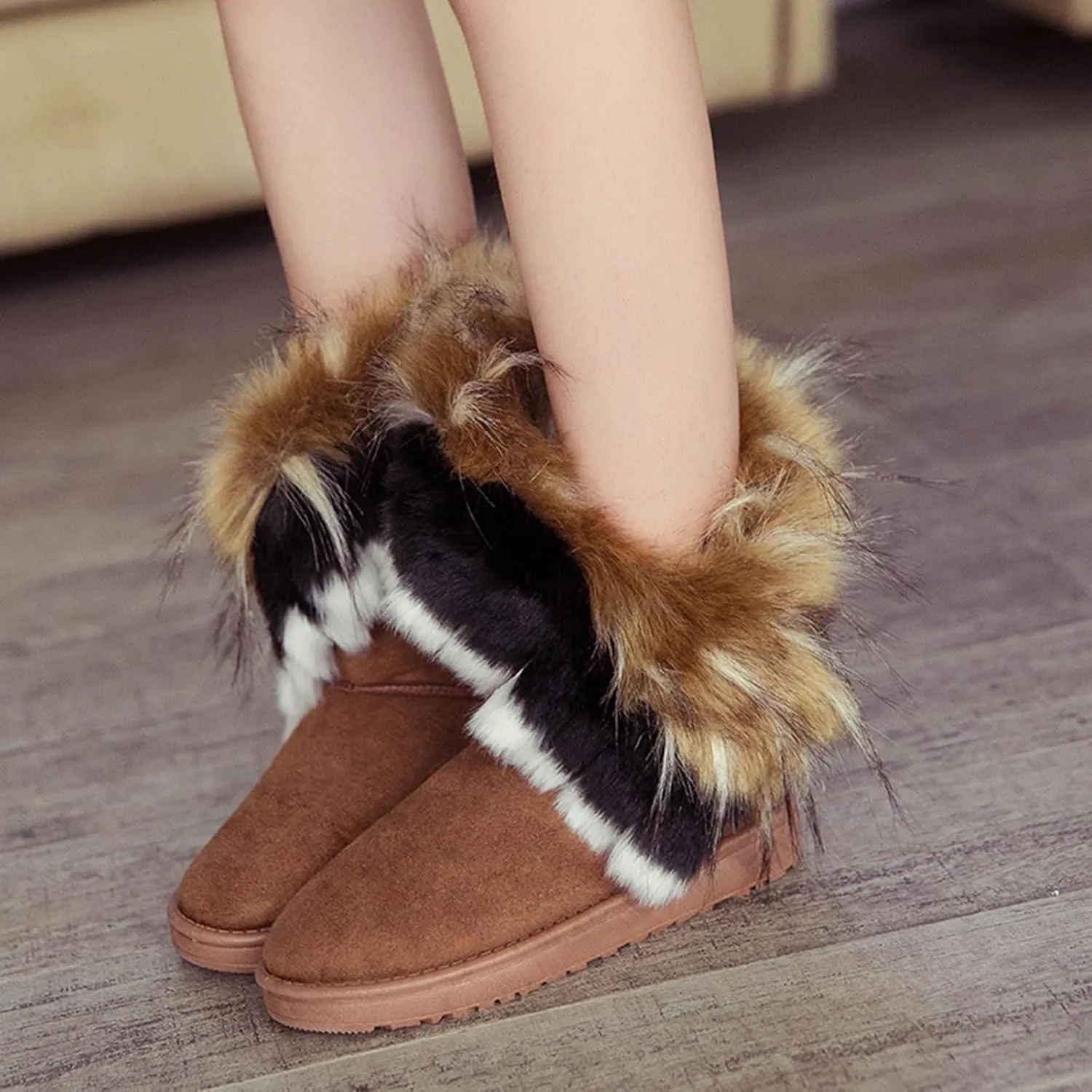 HINDOLA Warm Fur Boots for Women Winter Faux Fur Tassel Shoes Plush Snow Boots Ankle Booties Faux Suede Boots Anti Slip Outdoor Indoor Flat Shoes