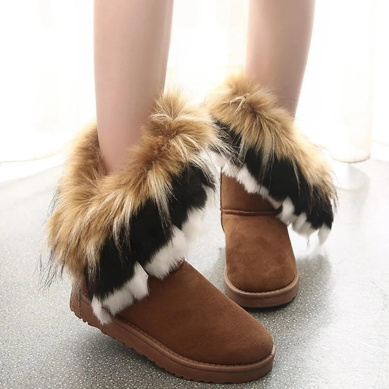 HINDOLA Warm Fur Boots for Women Winter Faux Fur Tassel Shoes Plush Snow Boots Ankle Booties Faux Suede Boots Anti Slip Outdoor Indoor Flat Shoes