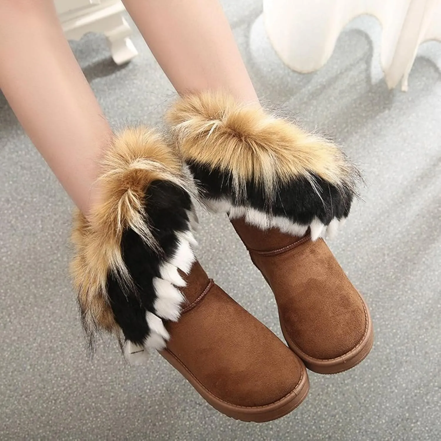 HINDOLA Warm Fur Boots for Women Winter Faux Fur Tassel Shoes Plush Snow Boots Ankle Booties Faux Suede Boots Anti Slip Outdoor Indoor Flat Shoes