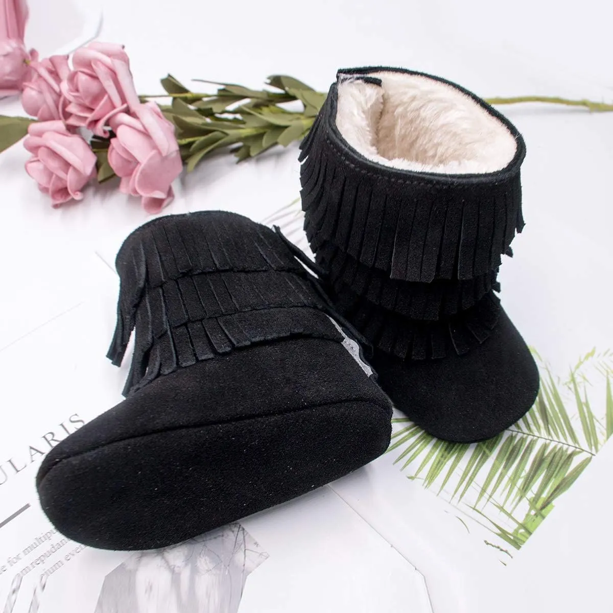 HONGTEYA Real Leather Fringe Baby Booties for Girls Boys Winter Warm Snow Boots with Tassels Hard Sole Fur Lined Toddler Moccasins Shoes