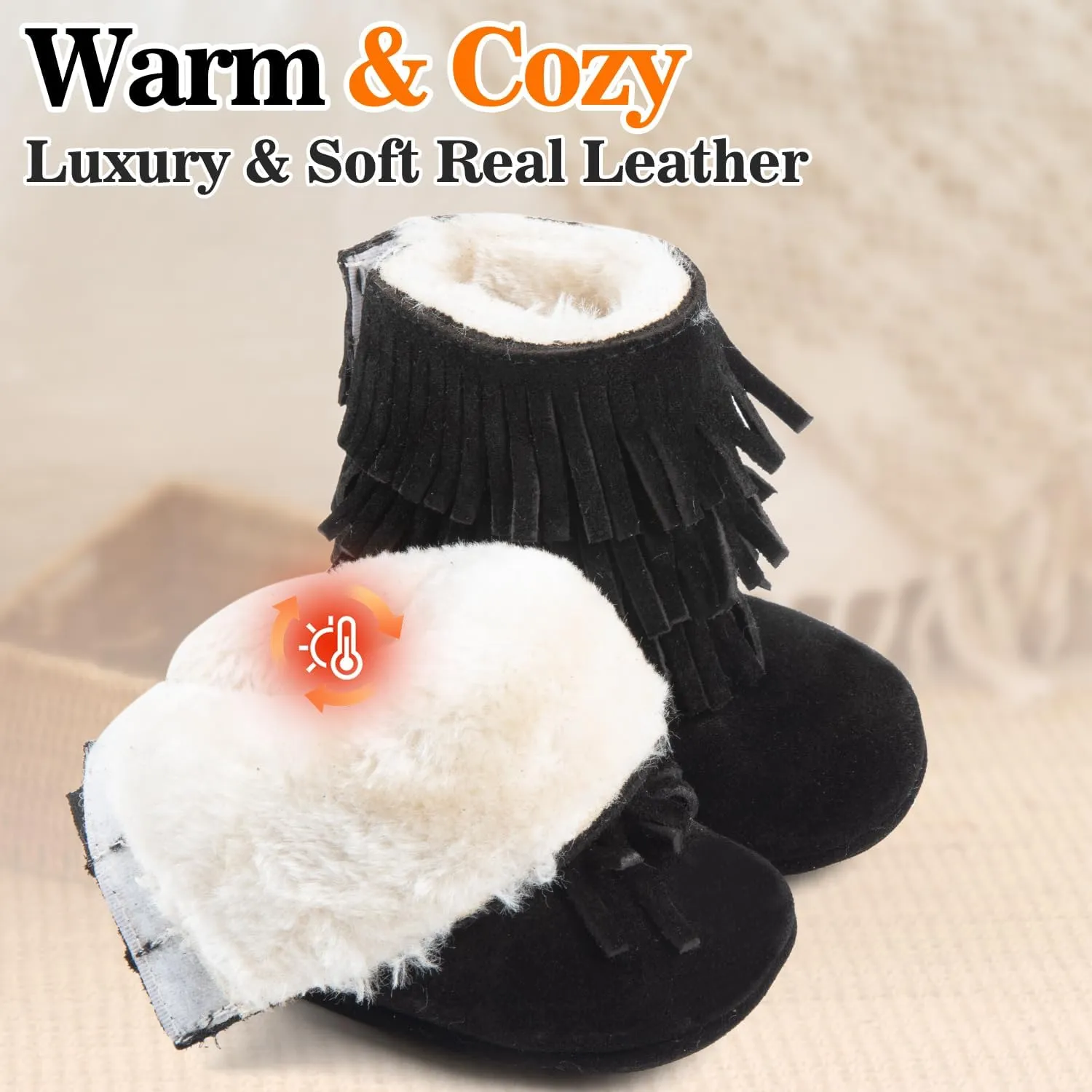 HONGTEYA Real Leather Fringe Baby Booties for Girls Boys Winter Warm Snow Boots with Tassels Hard Sole Fur Lined Toddler Moccasins Shoes