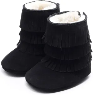 HONGTEYA Real Leather Fringe Baby Booties for Girls Boys Winter Warm Snow Boots with Tassels Hard Sole Fur Lined Toddler Moccasins Shoes