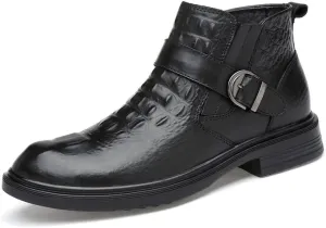 HOOENG Chelsea Boots for Men Crocodile Print with Buckle Genuine Leather Non Slip on Waterproof Wearable Anti-Slip Formal Dress (Color : Black Lined, Size : 8.5)