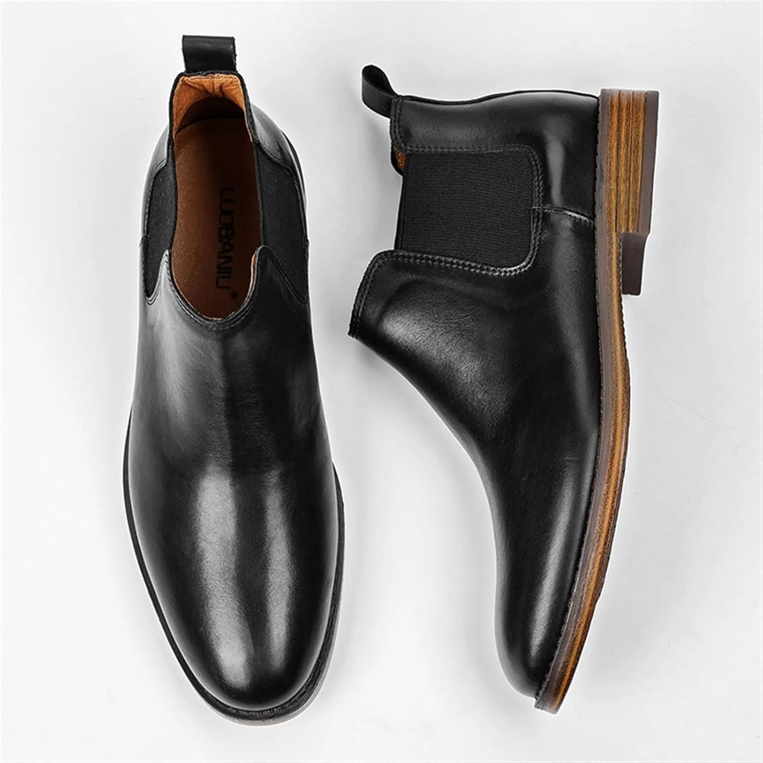 HOOENG Round Toe Ankle Boots for Men Elastic Bandage Cowhide Leather Non Slip on Waterproof Work