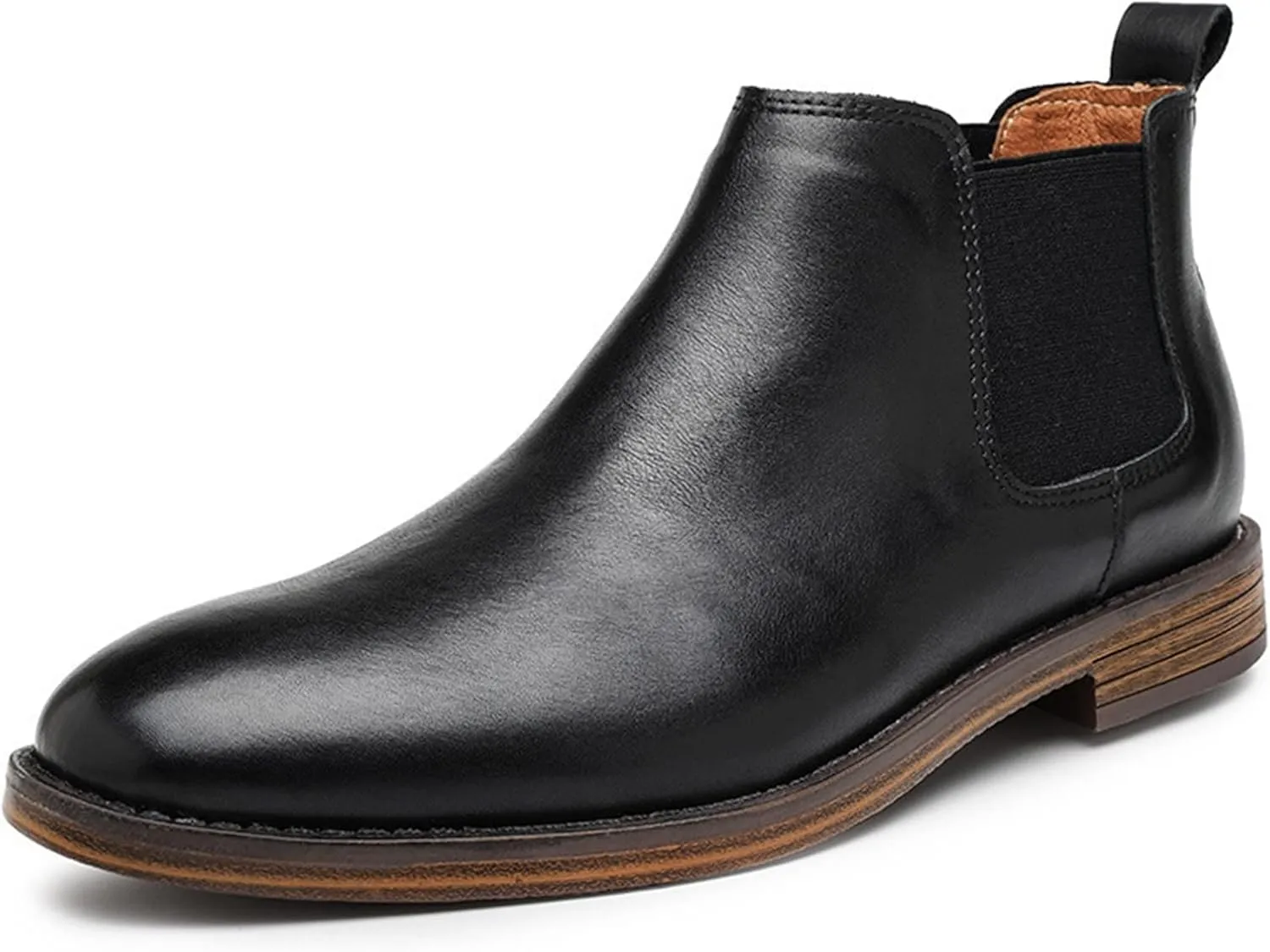 HOOENG Round Toe Ankle Boots for Men Elastic Bandage Cowhide Leather Non Slip on Waterproof Work