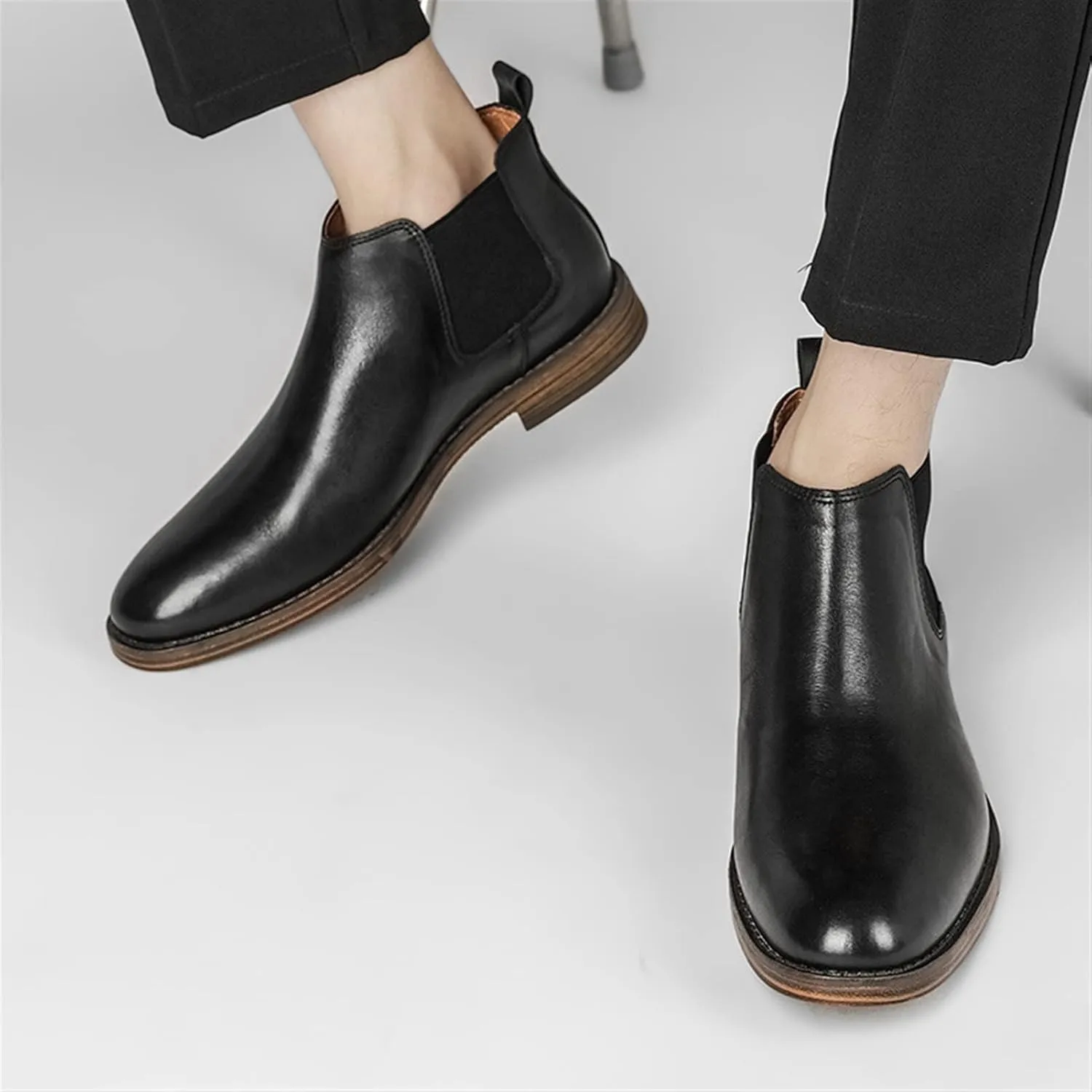 HOOENG Round Toe Ankle Boots for Men Elastic Bandage Cowhide Leather Non Slip on Waterproof Work