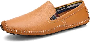HOOENG Smoking Loafer Driving Moccasins for Men Stitching Details Genuine Leather Elastic Side Flexible Comfortable Flat Heel Resistant Soft Walking Slip on (Color : Yellowish Brown, Size : 8)