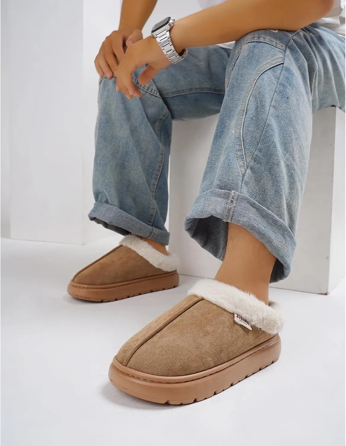 House Slippers For Woman Men, Womens slippers Platform EVA lightweight sole Warm Faux Fur Lined Suede Short Ankle Boots Memory Foam Fuzzy Slippers for Women Anti-Slip Boot Indoor Outdoor
