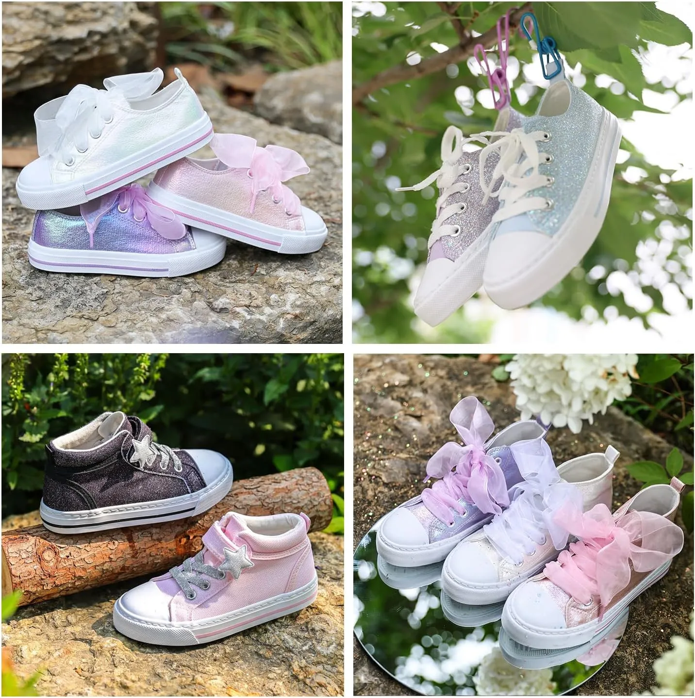 HugRain Little Girls Kids Classic Sparkle Low Top Lace Up Sneakers Walking Shoes