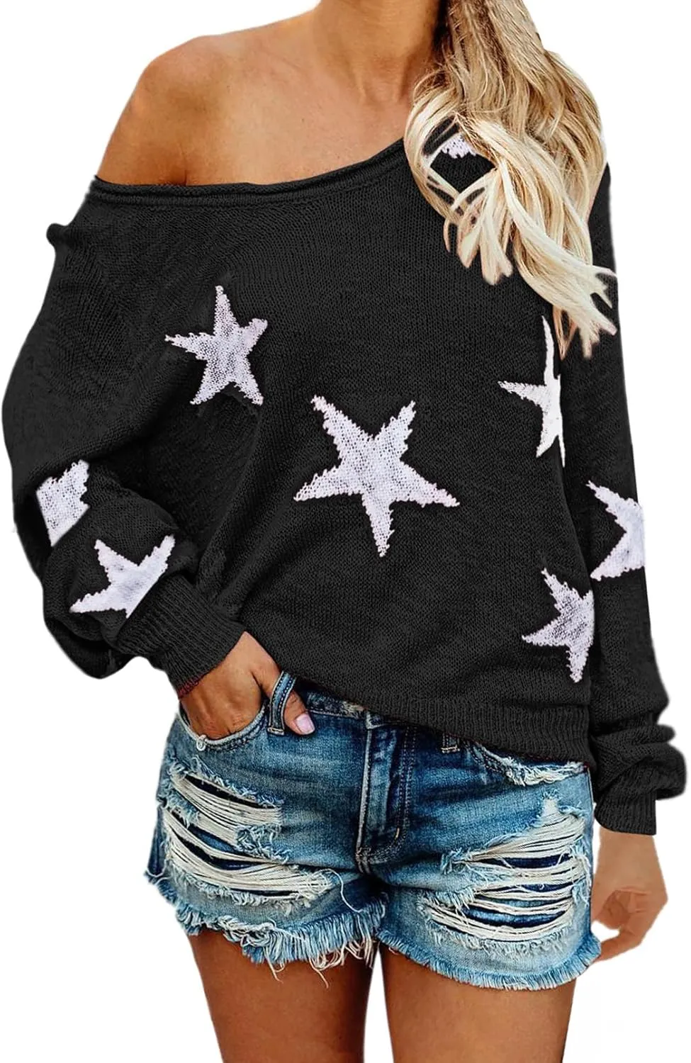HUUSA Oversized Sweaters for Women Crewneck Tops Knitted Baggy Pullover Sexy See Through Beach Coverups Relaxed Fit