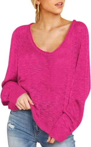 HUUSA Oversized Sweaters for Women Crewneck Tops Knitted Baggy Pullover Sexy See Through Beach Coverups Relaxed Fit