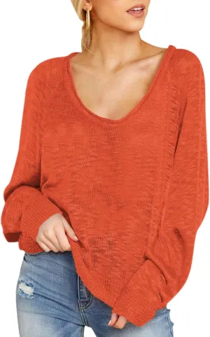 HUUSA Oversized Sweaters for Women Crewneck Tops Knitted Baggy Pullover Sexy See Through Beach Coverups Relaxed Fit
