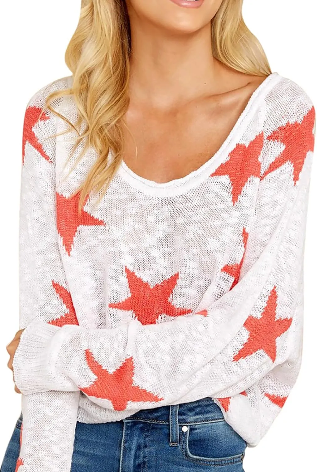HUUSA Oversized Sweaters for Women Crewneck Tops Knitted Baggy Pullover Sexy See Through Beach Coverups Relaxed Fit
