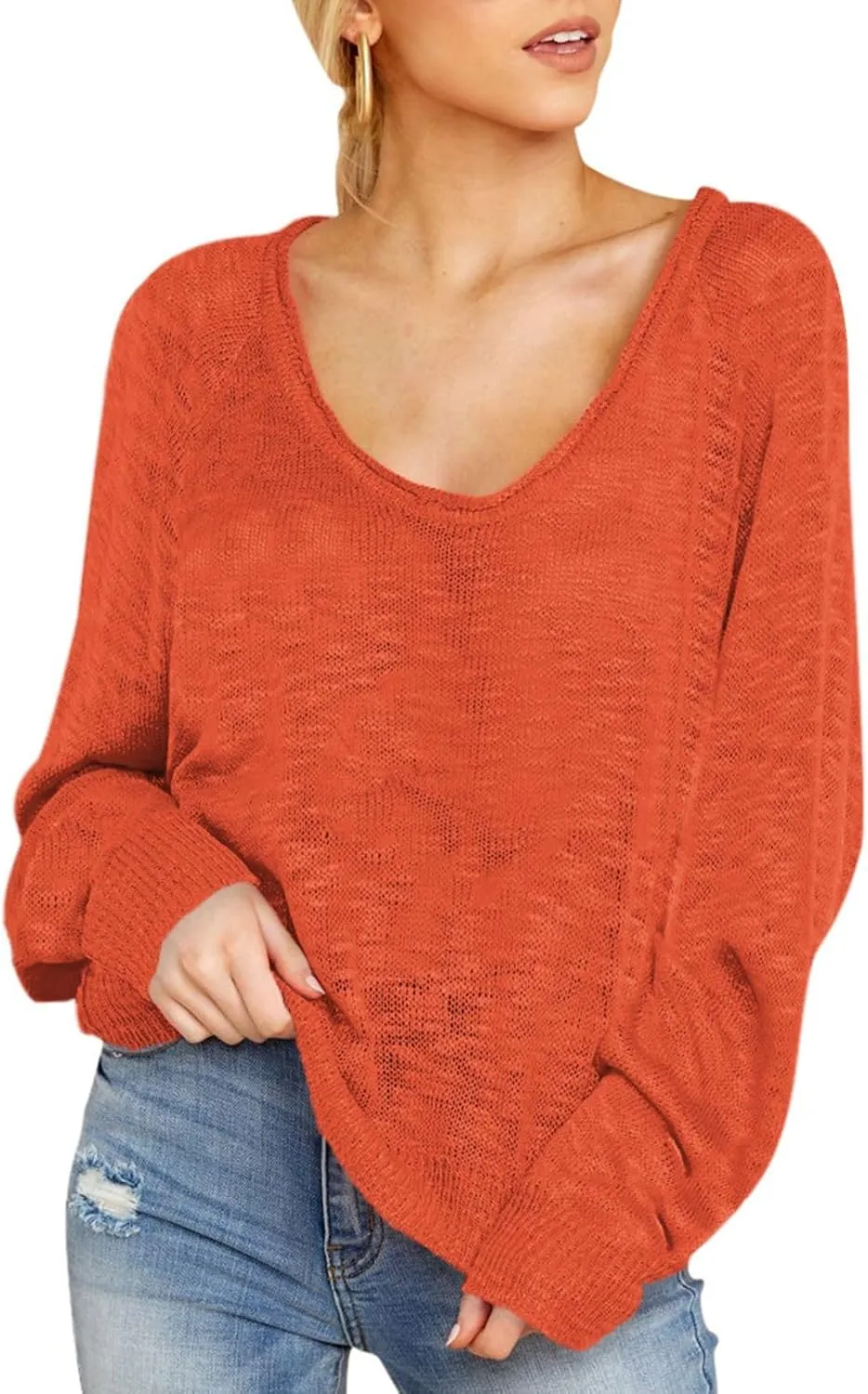 HUUSA Oversized Sweaters for Women Crewneck Tops Knitted Baggy Pullover Sexy See Through Beach Coverups Relaxed Fit