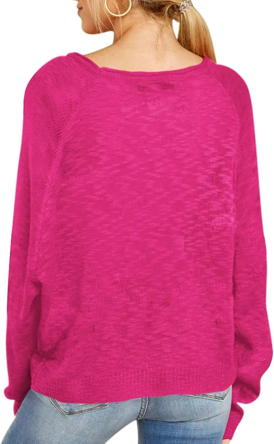 HUUSA Oversized Sweaters for Women Crewneck Tops Knitted Baggy Pullover Sexy See Through Beach Coverups Relaxed Fit