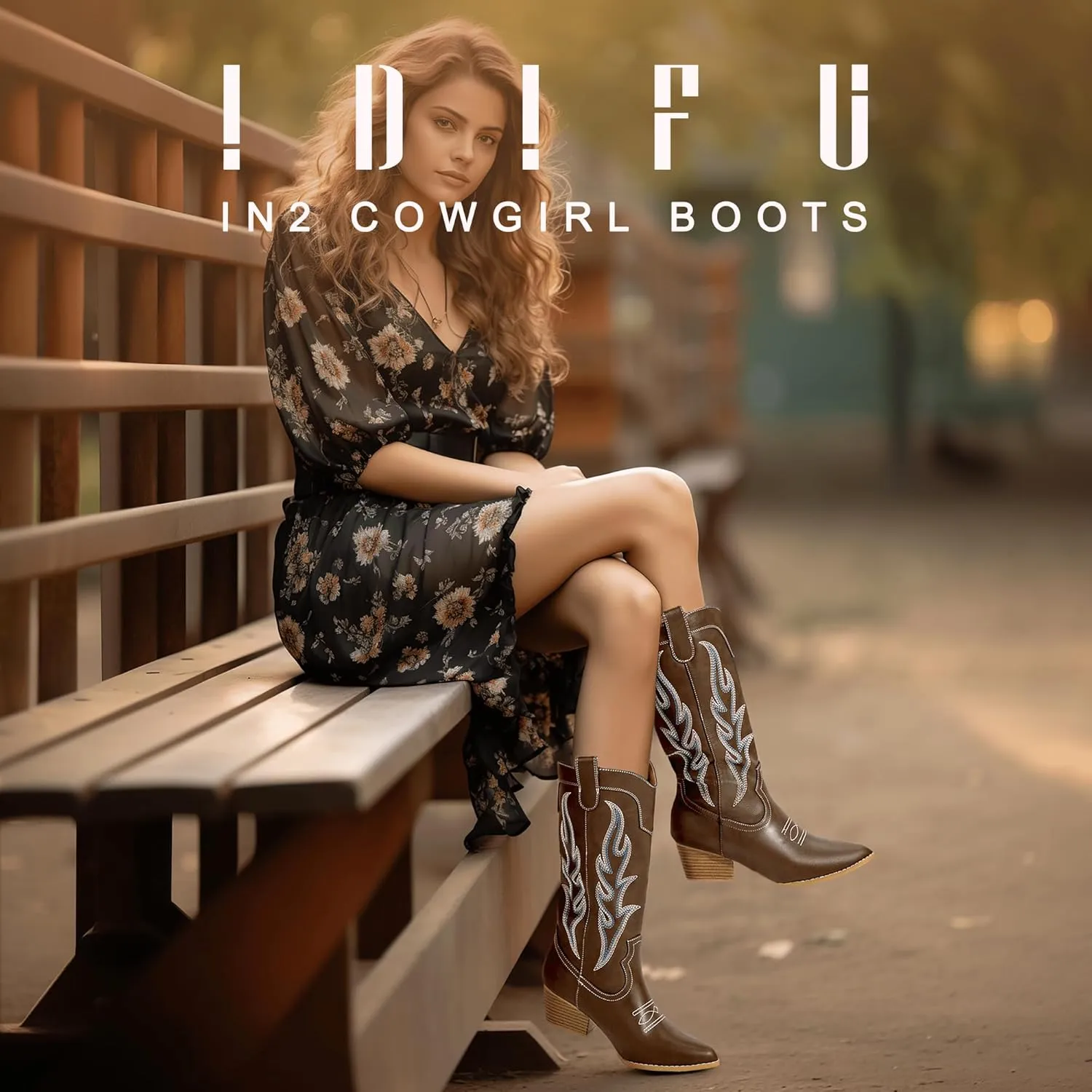 IDIFU IN2 Cowboy Boots for Women Mid Calf Cowgirl Boots Embroidered Western Boots Chunky Low Heel Pointed Toe Country Boots Cute Fashion Booties for Women Dress Wedding Heeled Boots