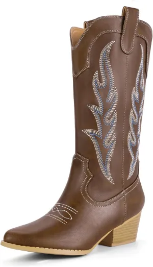 IDIFU IN2 Cowboy Boots for Women Mid Calf Cowgirl Boots Embroidered Western Boots Chunky Low Heel Pointed Toe Country Boots Cute Fashion Booties for Women Dress Wedding Heeled Boots