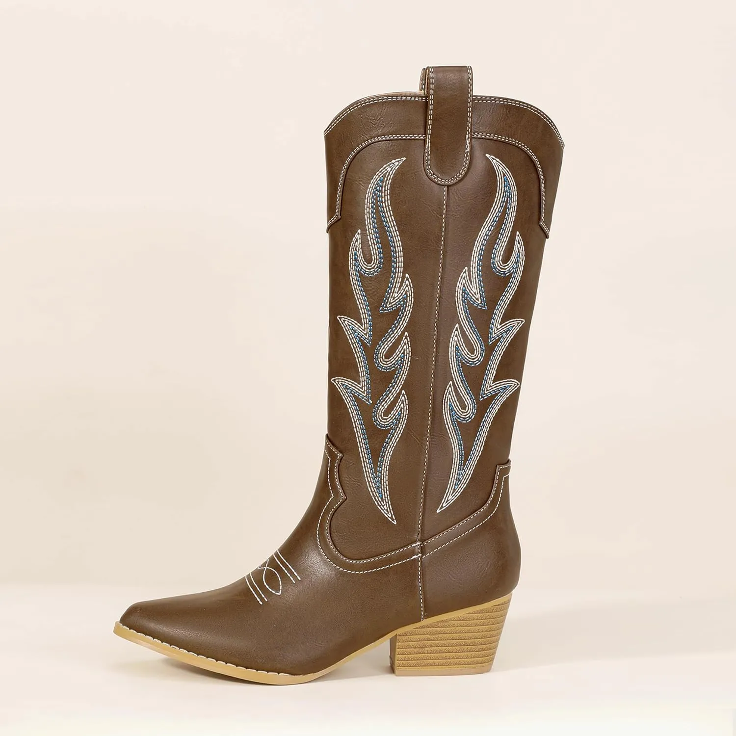 IDIFU IN2 Cowboy Boots for Women Mid Calf Cowgirl Boots Embroidered Western Boots Chunky Low Heel Pointed Toe Country Boots Cute Fashion Booties for Women Dress Wedding Heeled Boots