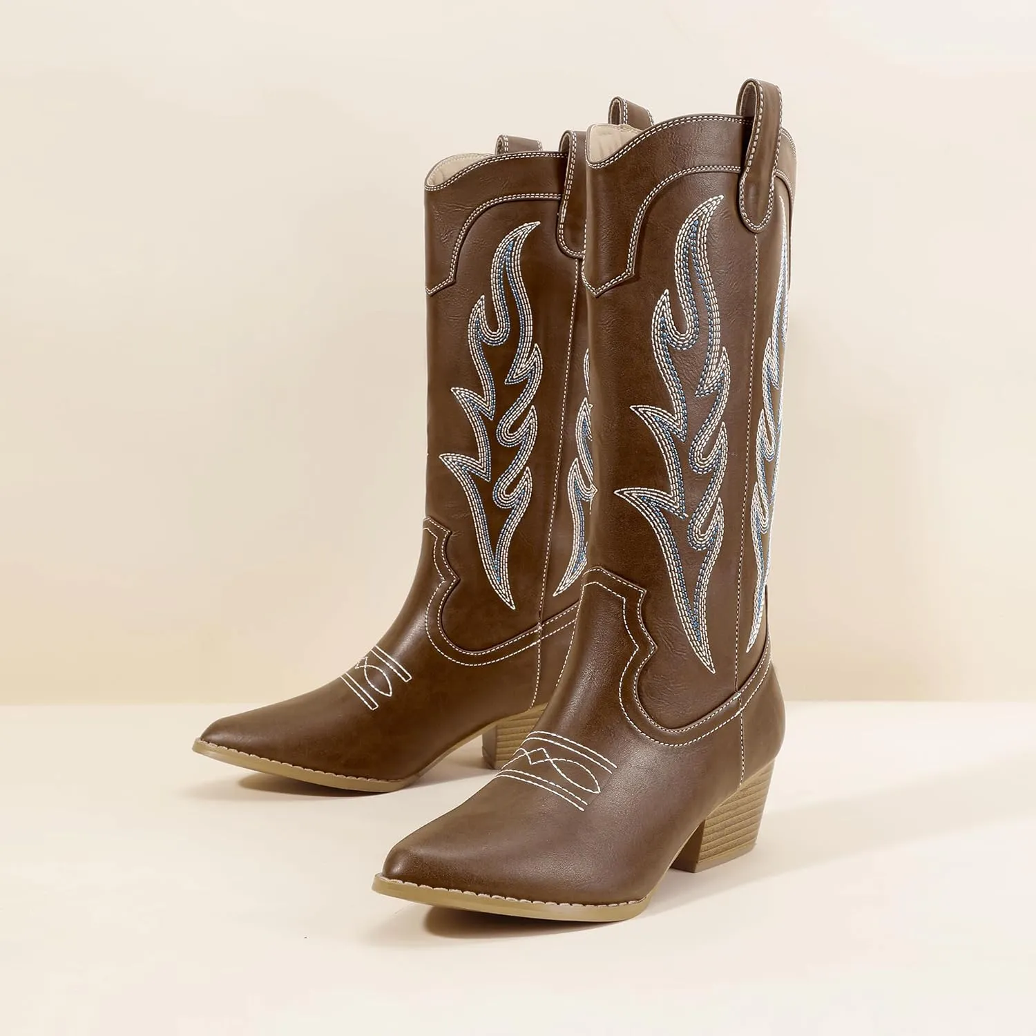 IDIFU IN2 Cowboy Boots for Women Mid Calf Cowgirl Boots Embroidered Western Boots Chunky Low Heel Pointed Toe Country Boots Cute Fashion Booties for Women Dress Wedding Heeled Boots