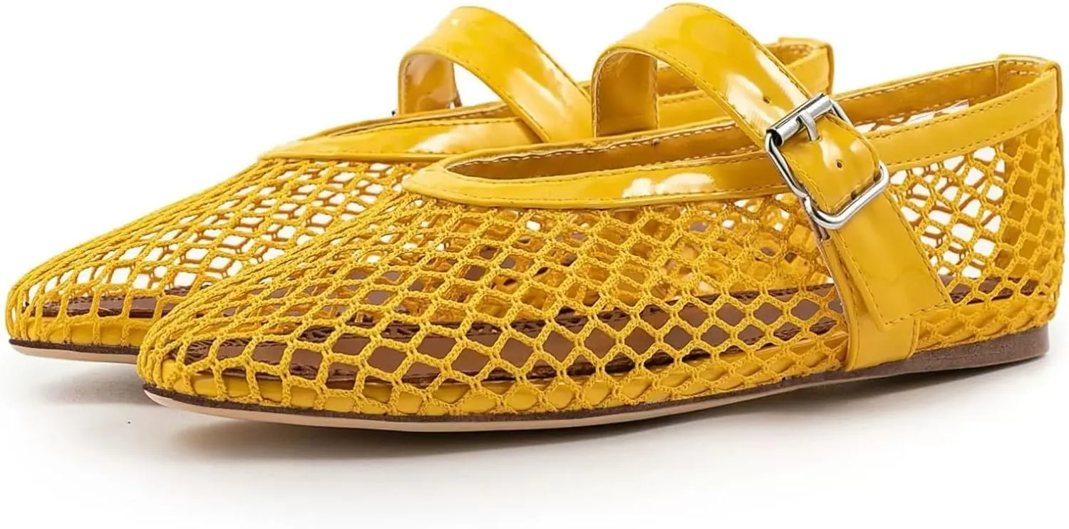 IMPREMEY Mesh Ballet Flats for Women Buckle Strap Round Toe Wide Width Mesh Flats Casual Ballerina Shoes