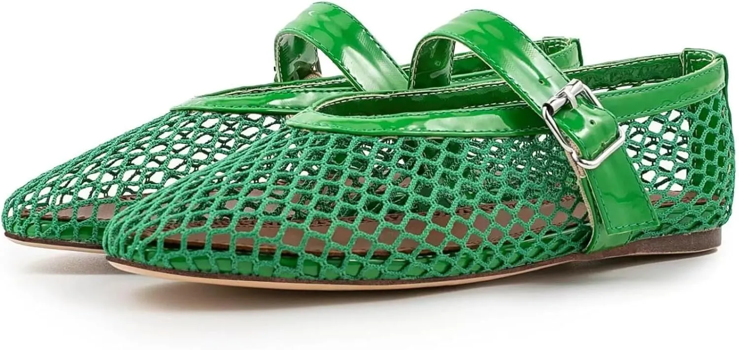 IMPREMEY Mesh Ballet Flats for Women Buckle Strap Round Toe Wide Width Mesh Flats Casual Ballerina Shoes
