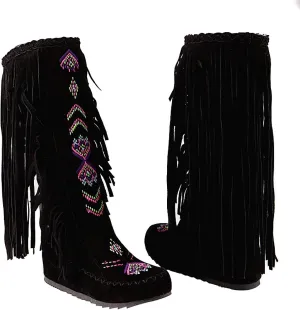 Inornever Knee High Boots for Women Moccasins Embroidered Fringe Black Booties Cowboy Winter Comfortable Warm Vintage Flat Heel Cowgirl Western Suede Long Snow Tassel Boots 10