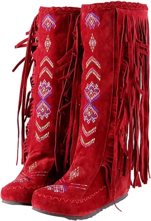 Inornever Knee High Boots for Women Moccasins Embroidered Fringe Booties Cowboy Winter Comfortable Warm Vintage Flat Heel Cowgirl Western Suede Long Snow Tassel Boots 10