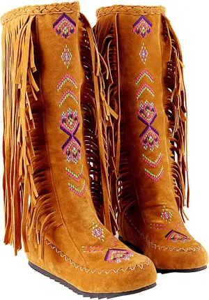 Inornever Knee High Boots for Women Moccasins Embroidered Fringe Booties Cowboy Winter Comfortable Warm Vintage Flat Heel Cowgirl Western Suede Long Snow Tassel Boots 8