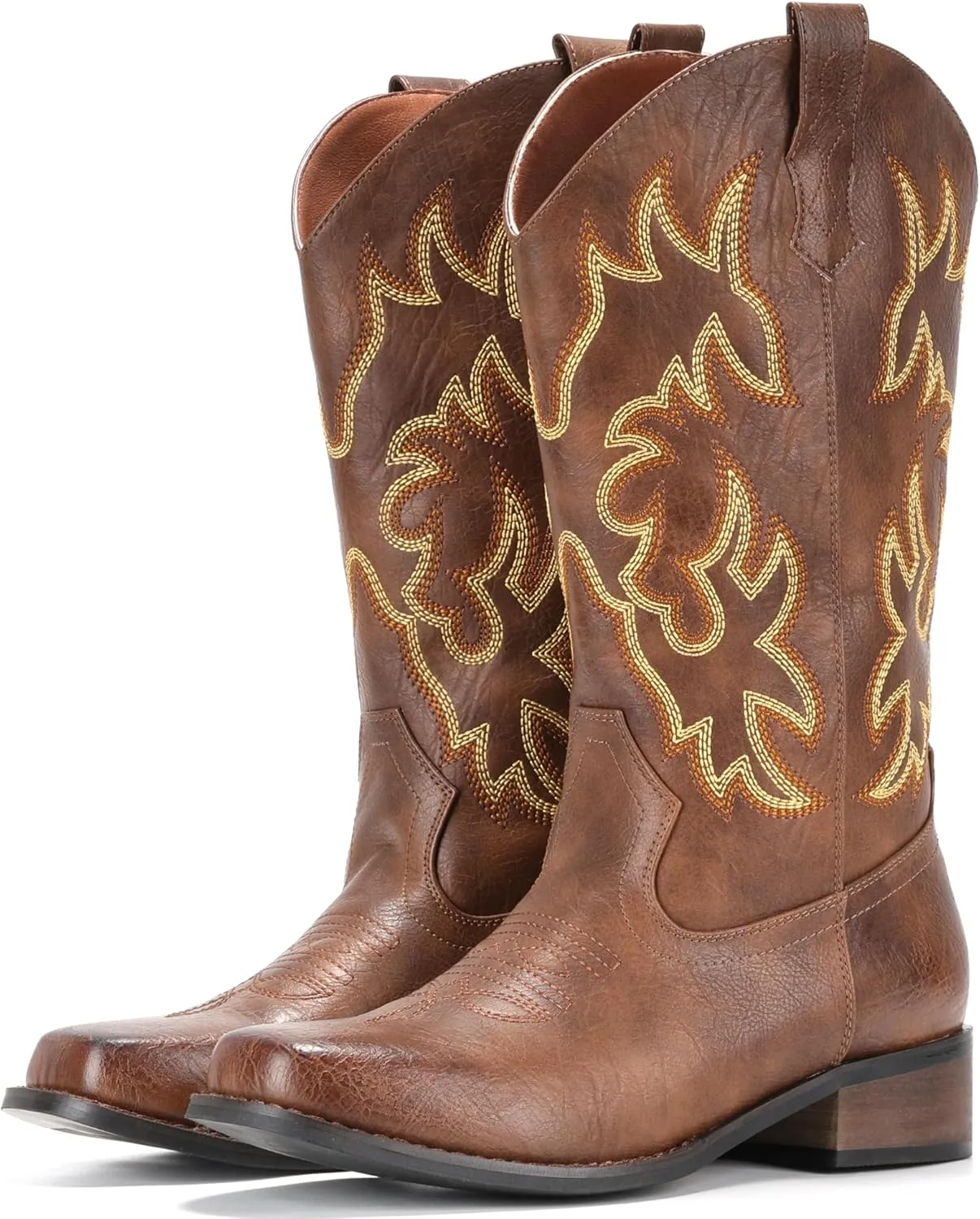 IUV Cowboy Boots For Women Square Toe Cowgirl Boots Mid Calf Western Boots Pull On Fashion Cowboy Boots