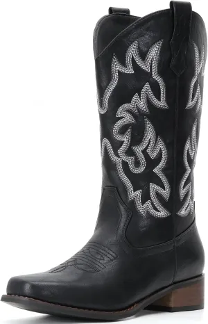 IUV Cowboy Boots For Women Square Toe Cowgirl Boots Mid Calf Western Boots Pull On Fashion Cowboy Boots