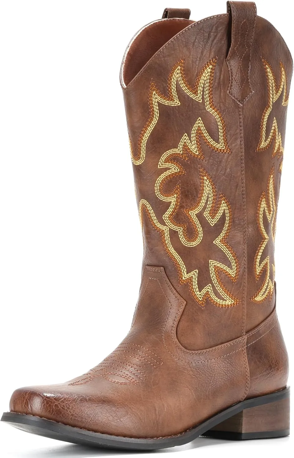 IUV Cowboy Boots For Women Square Toe Cowgirl Boots Mid Calf Western Boots Pull On Fashion Cowboy Boots