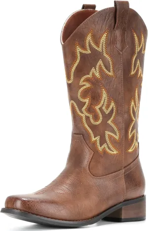 IUV Cowboy Boots For Women Square Toe Cowgirl Boots Mid Calf Western Boots Pull On Fashion Cowboy Boots