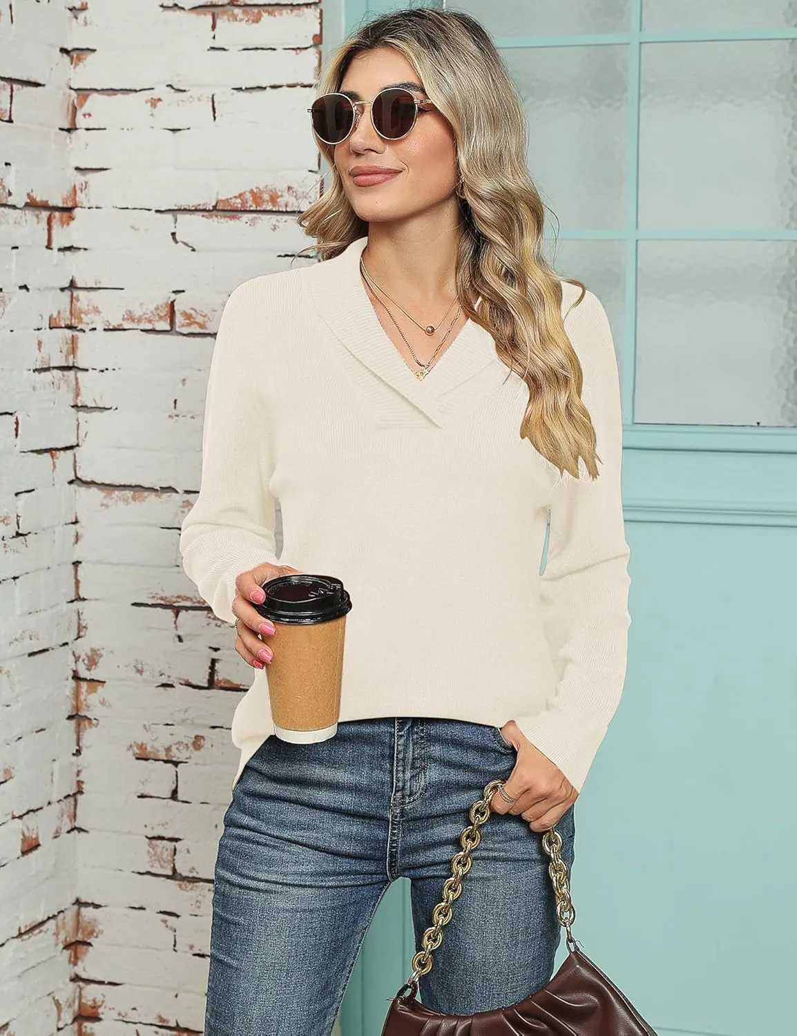 Ivicoer Women Long Sleeve V Neck Pullover Collar Knitted Sweaters