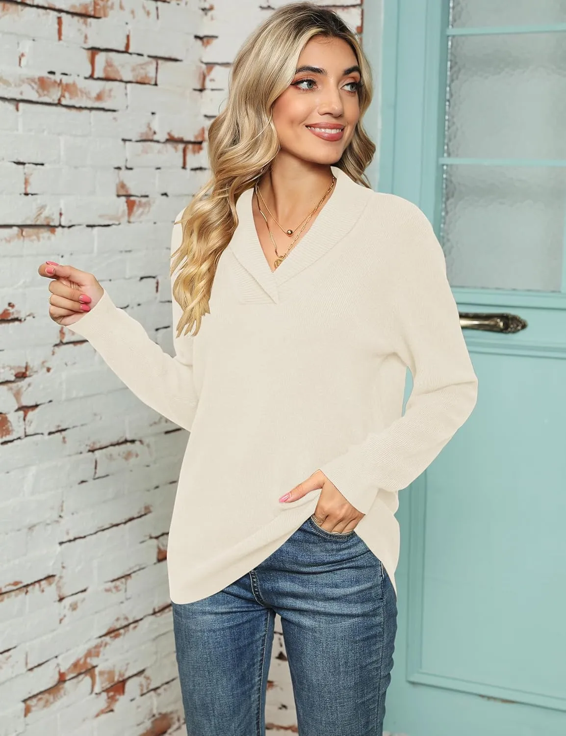 Ivicoer Women Long Sleeve V Neck Pullover Collar Knitted Sweaters