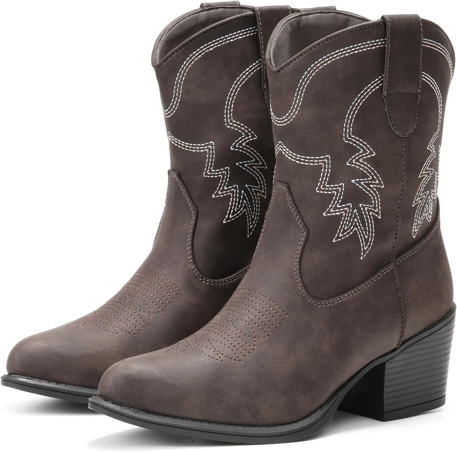 IXU Cowboy Boots for Women Ankle Cowgirl Booties Wide Mid Calf Pointed Toe Western Boots Short Chunky Classic Booties
