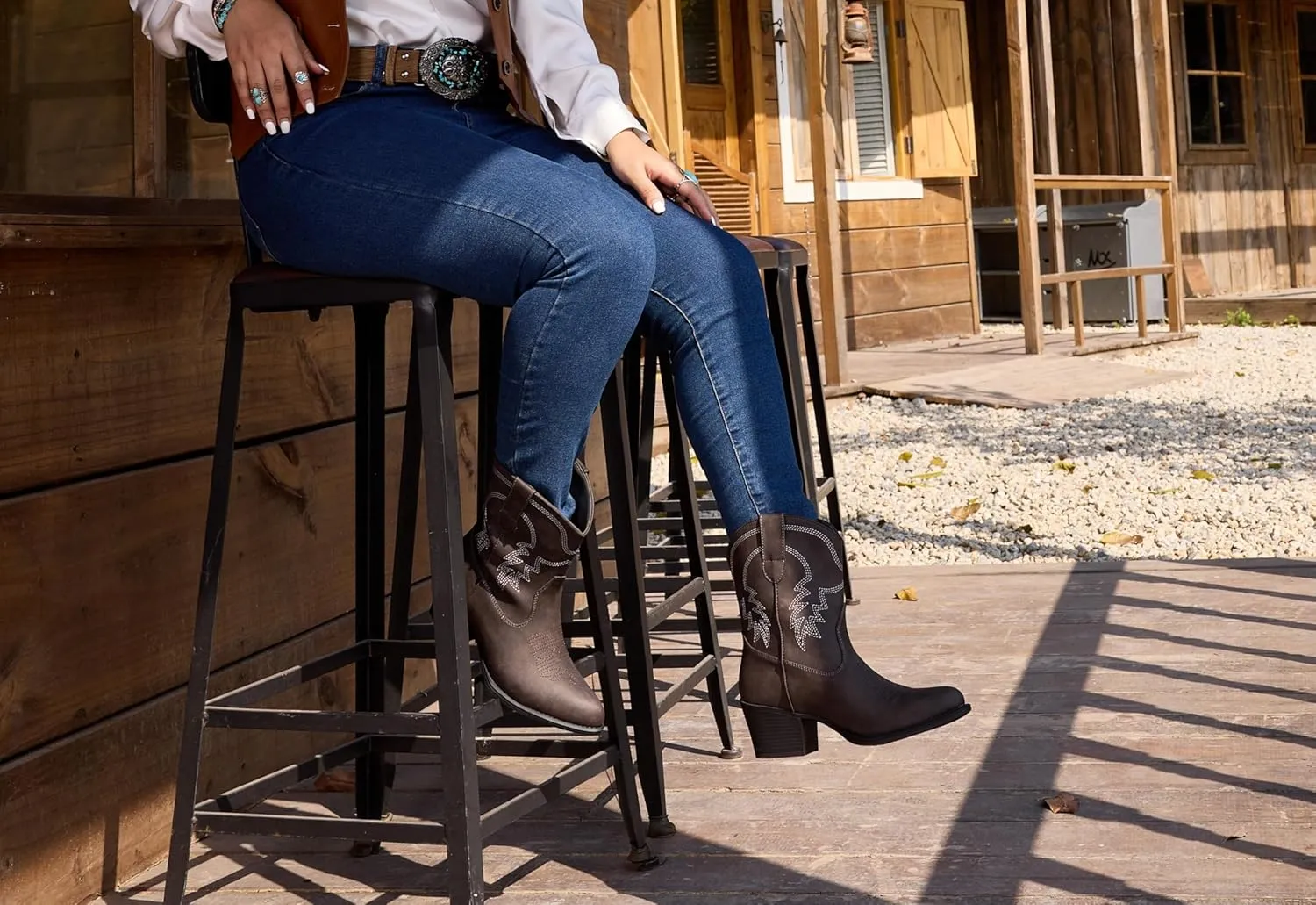 IXU Cowboy Boots for Women Ankle Cowgirl Booties Wide Mid Calf Pointed Toe Western Boots Short Chunky Classic Booties