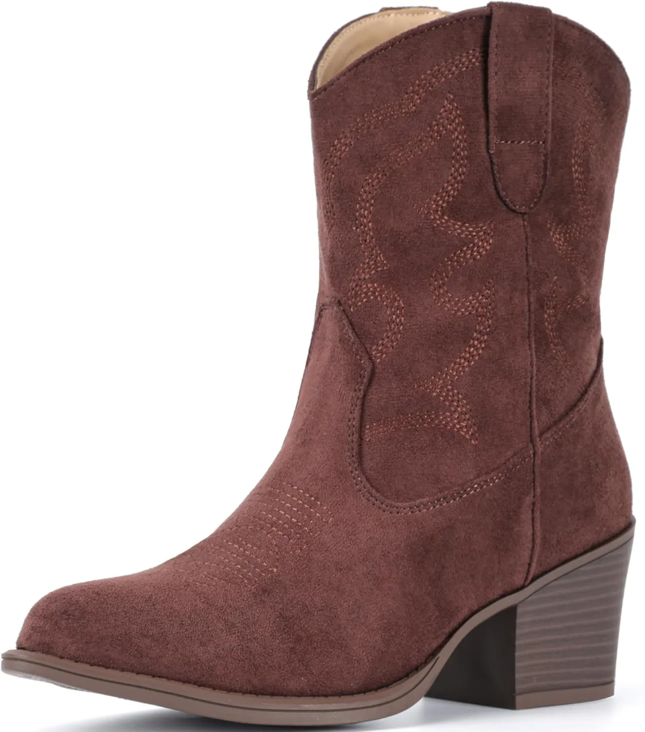 IXU Cowboy Boots for Women Suede Ankle Western Cowgirl Boots Mid Calf Pointed Toe Short Chunky Classic Booties