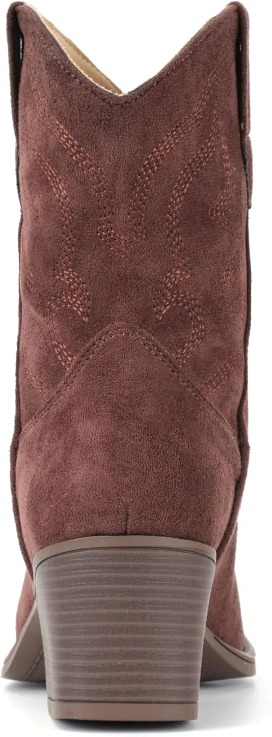 IXU Cowboy Boots for Women Suede Ankle Western Cowgirl Boots Mid Calf Pointed Toe Short Chunky Classic Booties