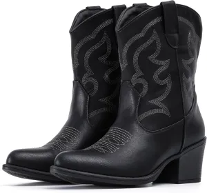 IXU Cowboy Boots for Women Suede Ankle Western Cowgirl Boots Mid Calf Pointed Toe Short Chunky Classic Booties