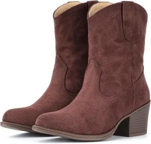 IXU Cowboy Boots for Women Suede Ankle Western Cowgirl Boots Mid Calf Pointed Toe Short Chunky Classic Booties