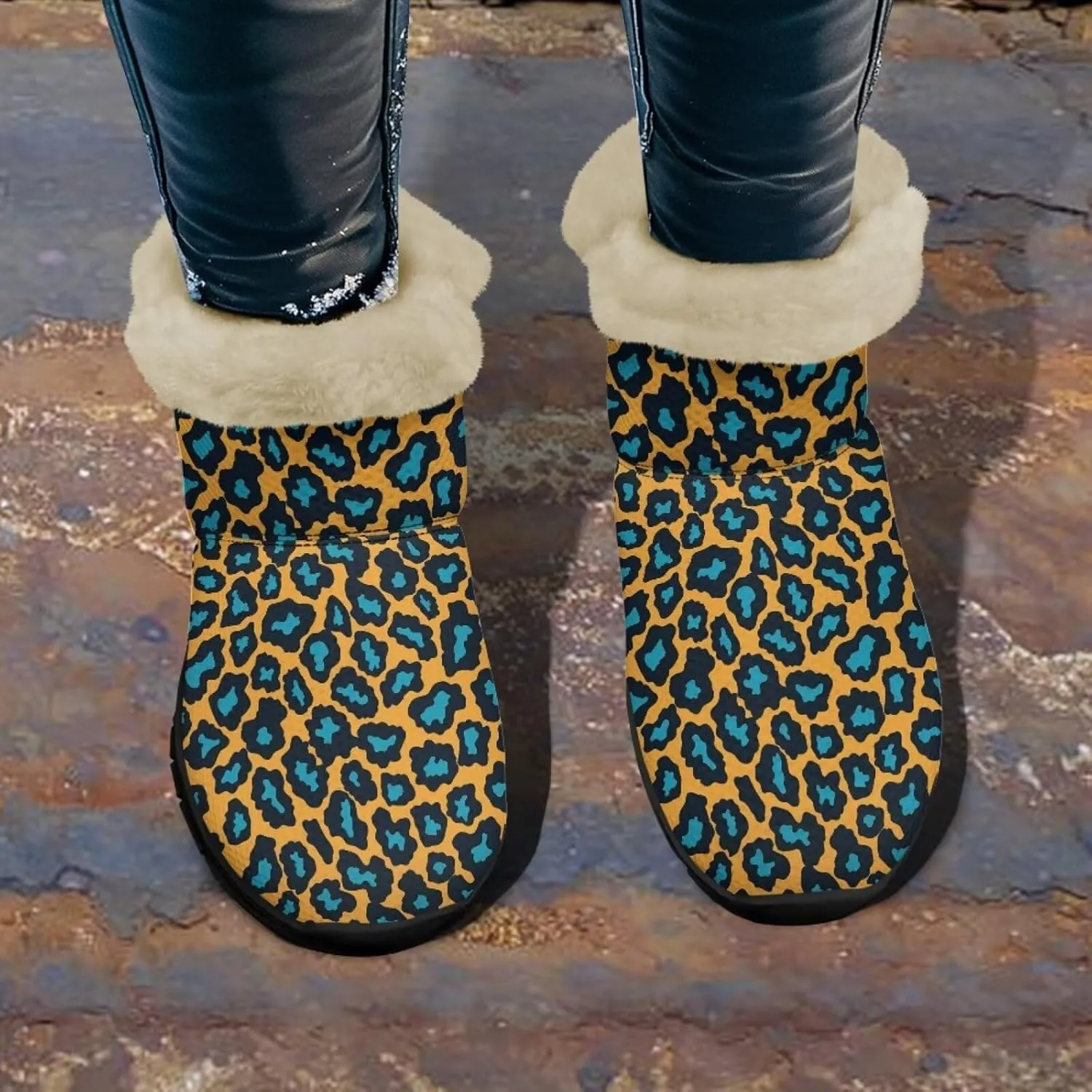 Jeiento Animal Print Winter Boots for Women Warm Inner Slip On Winter Shoes Walking Boots