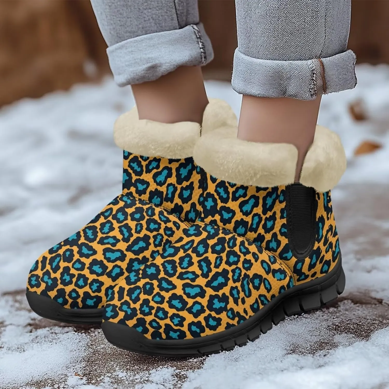 Jeiento Animal Print Winter Boots for Women Warm Inner Slip On Winter Shoes Walking Boots